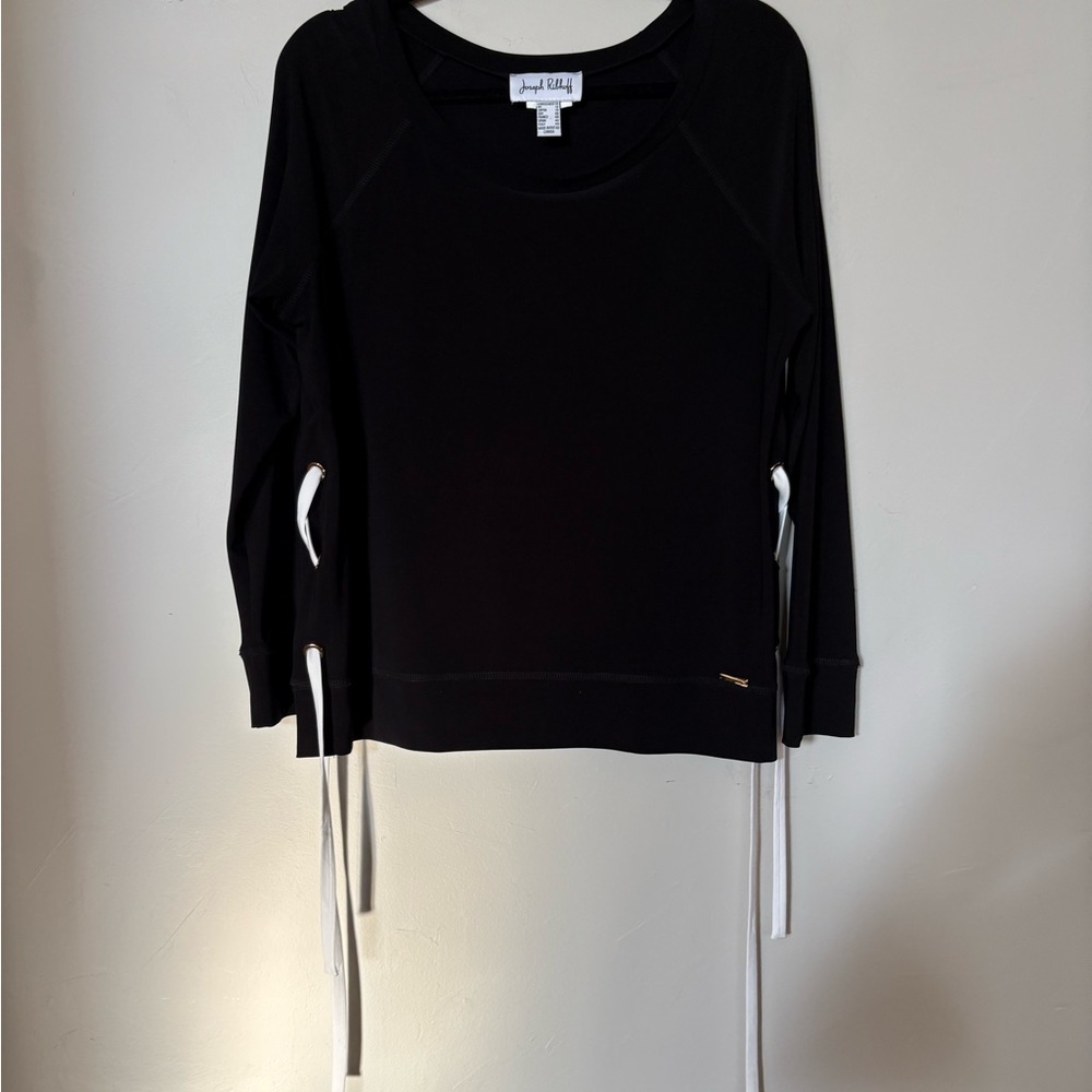 Joseph Ribkoff long sleeved silky top with laces on the sides, Size 10.